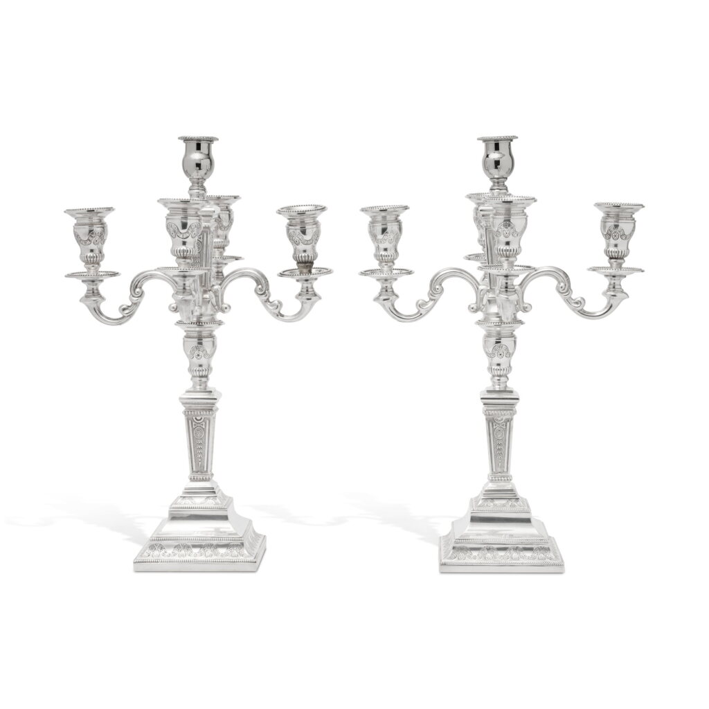 View full screen - View 1 of Lot 393. A Pair of English Silver Five-Light Candelabra, International Bullion & Metal Brokers, London, 1977.