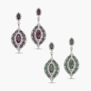 View full screen - View 1 of Lot 1616. Pair of Alexandrite and Diamond Pendent Earrings | 1.83 及 1.50克拉 天然「巴西」未經處理 亞歷山大變色石 配 鑽石 耳墜一對.
