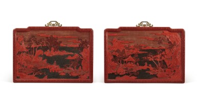 View full screen - View 1 of Lot 63. An exceptional pair of carved three-color lacquer 'landscape' panels, Qing dynasty, Qianlong period | 清乾隆 剔彩山水高士圖掛屏一對.