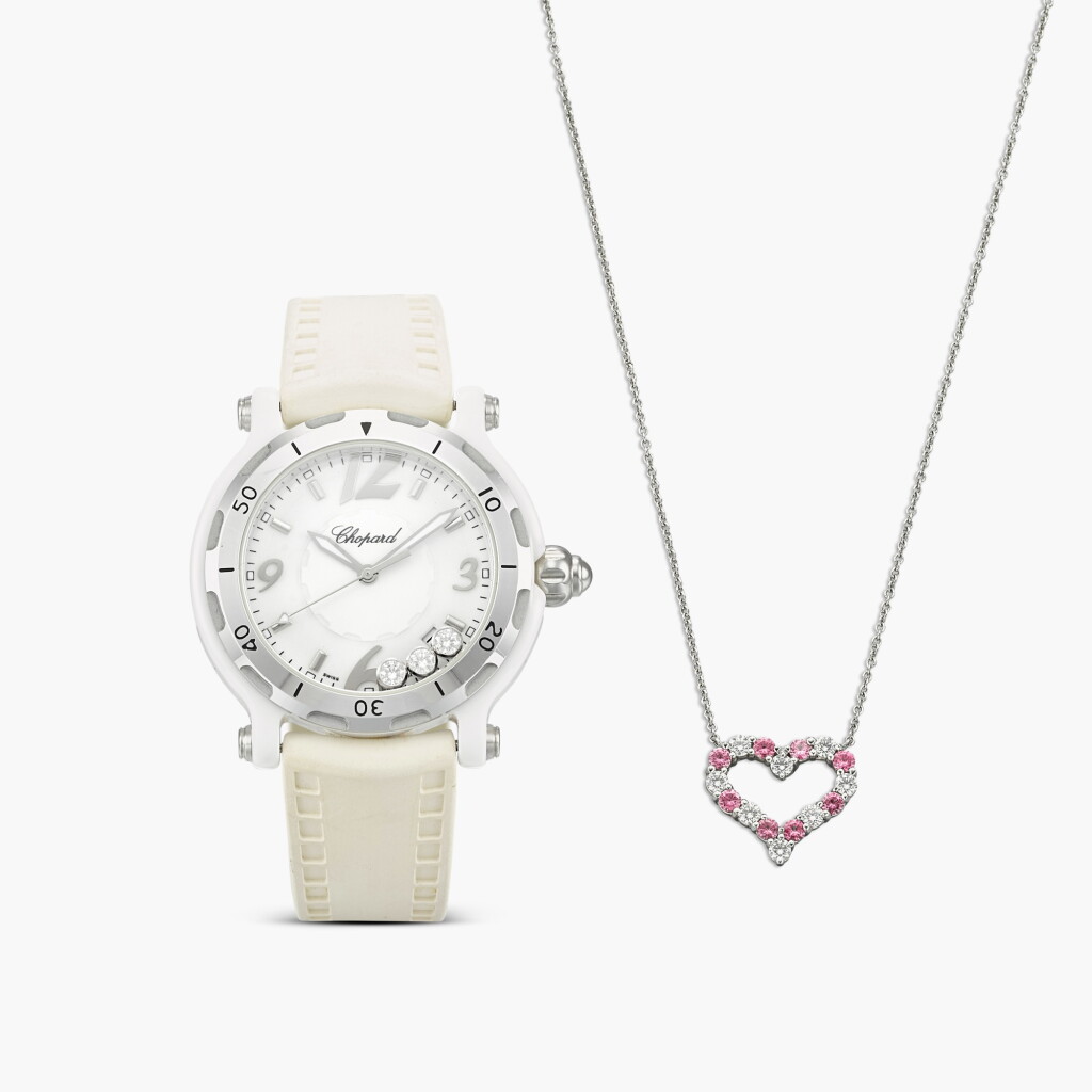 View full screen - View 1 of Lot 1337. Pink Sapphire and Diamond Pendent Necklace and Diamond and Ceramic 'Happy Sport' Wristwatch | 蒂芙尼 及 蕭邦 | 粉紅色剛玉 配 鑽石 項鏈 及 鑽石 配 陶瓷 'Happy Sport' 腕錶.