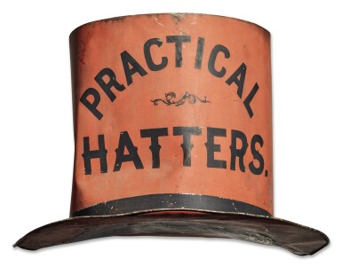 View full screen - View 1 of Lot 1419. ORANGE AND BLACK PAINTED TIN MILLINER'S TRADE SIGN, LATE 19TH CENTURY.