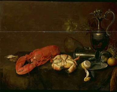 View full screen - View 1 of Lot 39. CIRCLE OF JAN DAVIDSZ. DE HEEM | STILL LIFE WITH AN OYSTER, LOBSTER, CRAB AND A PEELED LEMON ON A PEWTER PLATE, WITH A JUG AND DRINKING VESSELS, ALL ON A DRAPED TABLE.