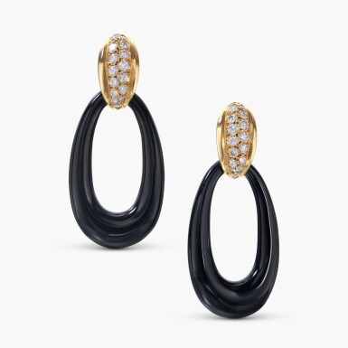 View full screen - View 1 of Lot 954. Pair of Gold, Onyx and Diamond Pendent Earclips.