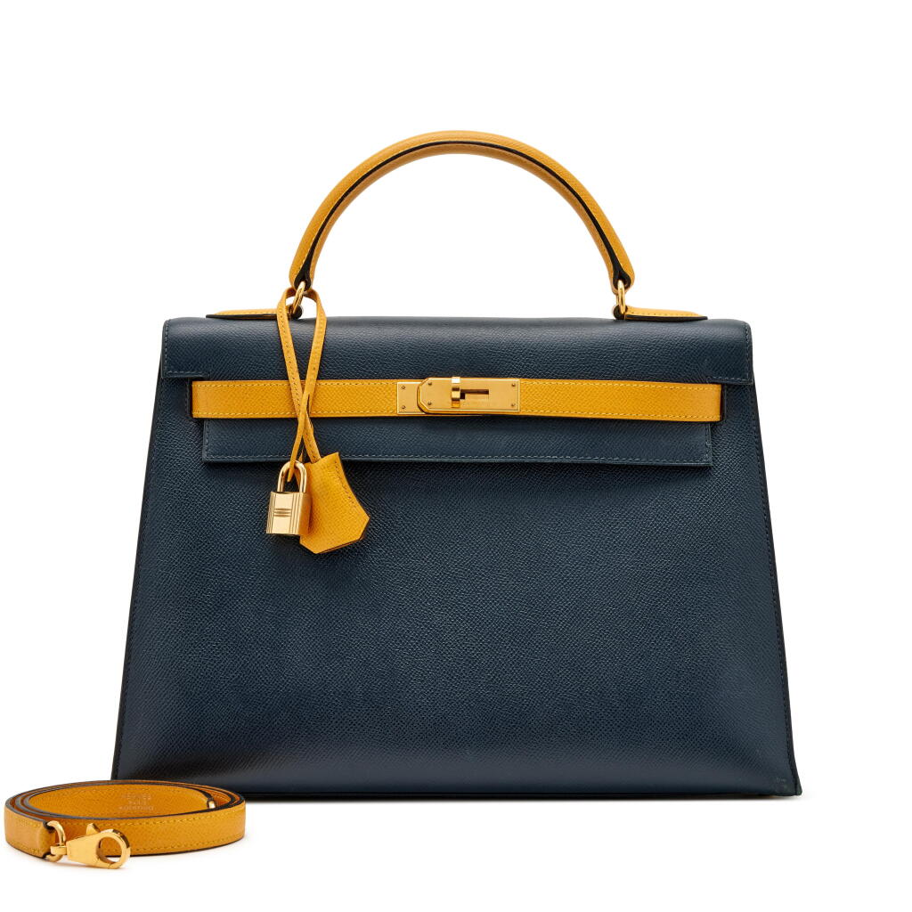 View full screen - View 1 of Lot 117. Vintage Jaune d'Or and Bleu Indigo Epsom Kelly 32 Sellier Gold Hardware, 1995.