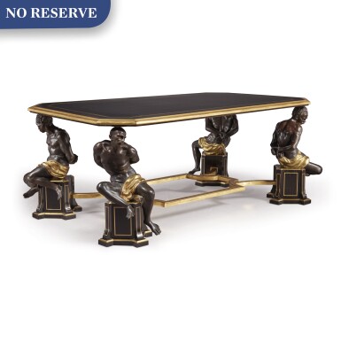 View full screen - View 1 of Lot 135. A BRASS-INLAID EBONY AND GILT AND PATINATED BRONZE LOW TABLE WITH FIGURAL SUPPORTS AFTER PIETRO TACCA, 20TH CENTURY.