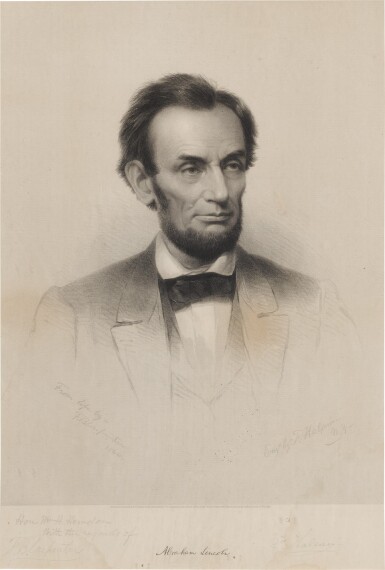 View full screen - View 1 of Lot 104. ABRAHAM LINCOLN | An engraved portrait of Abraham Lincoln, inscribed by the artists to his law partner William H. Herndon.