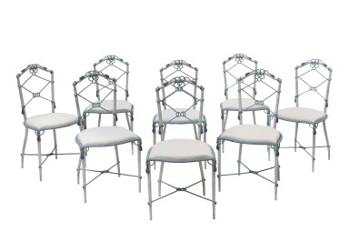View full screen - View 1 of Lot 99. A SUITE OF EIGHT PAINTED METAL AND WROUGHT IRON CHAIRS BY JANSEN, PARIS, CIRCA 1940 | SUITE DE HUIT CHAISES EN MÉTAL PEINT ET FER FORGÉ PAR JANSEN, PARIS, VERS 1940.
