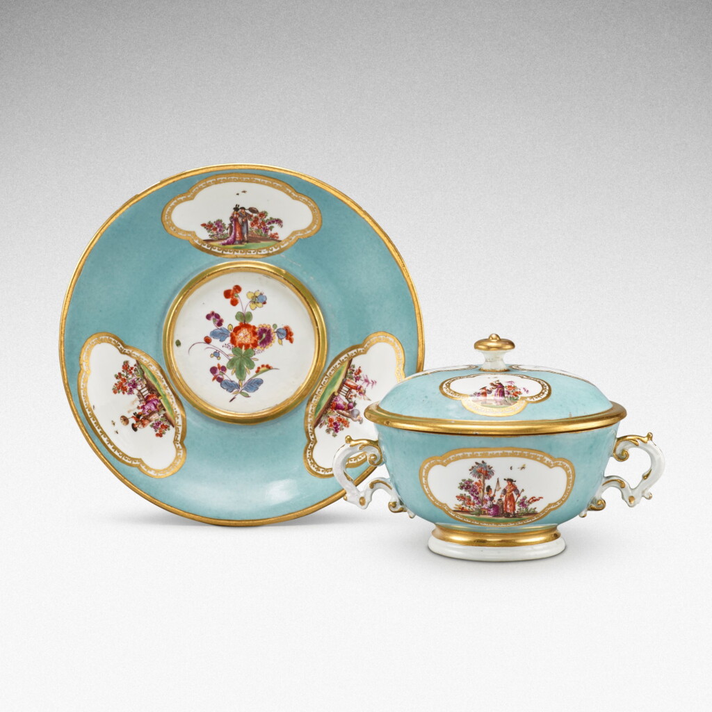 View full screen - View 1 of Lot 106. A Meissen seladon-ground two-handled écuelle, cover and stand, Circa 1735 .