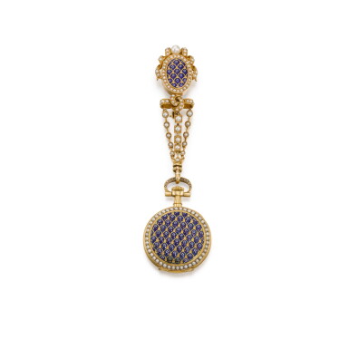View full screen - View 1 of Lot 39. Gold, Enamel And Pearl Lady's Pendant Watch And Fob, Circa 1885.