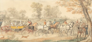 View full screen - View 1 of Lot 628. Carriage going to the hunting rendezvous, circa 1818 | Calèche se rendant au rendez-vous de chasse, vers 1818.