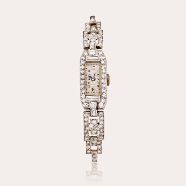View full screen - View 1 of Lot 593. A platinum, white gold, and diamond-set bracelet watch, Circa 1910.