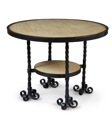 View full screen - View 1 of Lot 117. A CIRCULAR WROUGHT IRON AND BLEACHED MAHOGANY CENTRE TABLE, PROBABLY FRENCH, MID-20TH CENTURY.