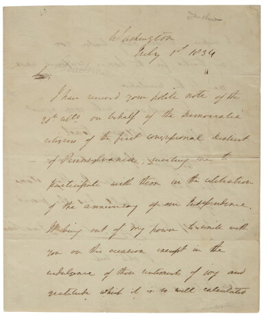 View full screen - View 1 of Lot 2120. Jackson, Andrew. Manuscript letter draft signed, to a Pennsylvania Fourth of July committee, 1 July 1834.