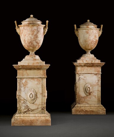 View full screen - View 1 of Lot 24. A pair of George III carved alabaster urns and pedestals, late 18th/early 19th century, possibly to a design by Sir Robert Smirke.
