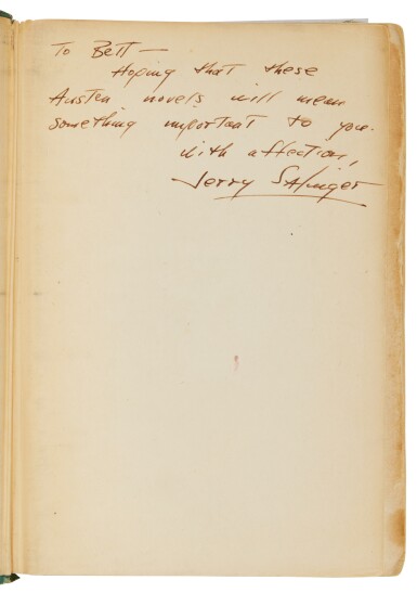 View full screen - View 1 of Lot 1066. (Salinger, J.D.) — Jane Austen | Inscribed copy of Austen’s Complete Novels, given to his close friend Bett Graham.