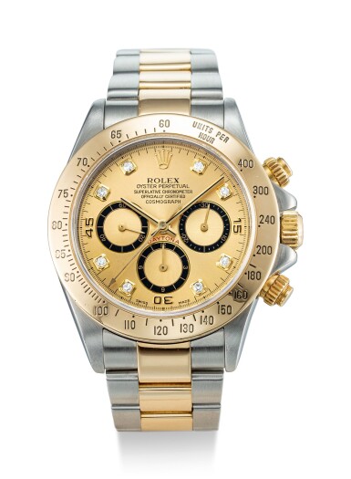 View full screen - View 1 of Lot 501. ROLEX | COSMOGRAPH DAYTONA "INVERTED 6", REFERENCE 16523 A YELLOW GOLD AND STAINLESS STEEL DIAMOND-SET CHRONOGRAPH WRISTWATCH WITH BRACELET, CIRCA 1999.