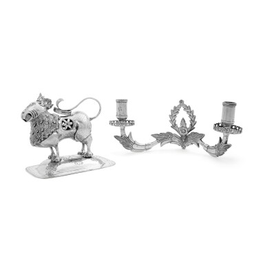 View full screen - View 1 of Lot 5. A South American Silver Lion-Form Incense Burner (Sahumador) and Two-Light Wall Sconce, 19th Century.