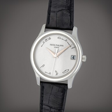 View full screen - View 1 of Lot 56. Calatrava, Reference 3998P | A platinum wristwatch with date and hieroglyph dial | Circa 2002.