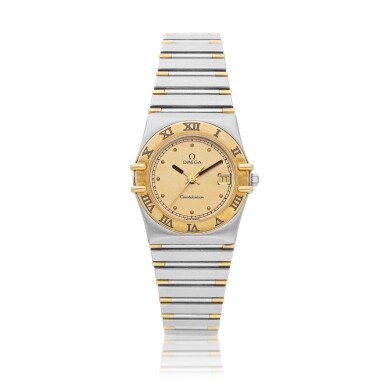 View full screen - View 1 of Lot 8060. Constellation | A yellow gold and stainless steel bracelet watch with date, Circa 1990 | 歐米茄 | 星座系列 黃金及精鋼鏈帶腕錶,備日期顯示,約1990年製.