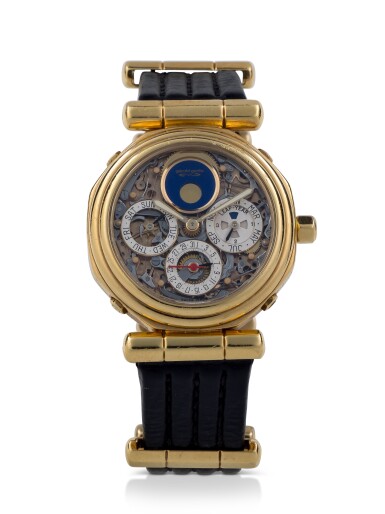 View full screen - View 1 of Lot 41. GÉRALD GENTA | REF G4009.4 YELLOW GOLD PERPETUAL CALENDAR TOURBILLON WRISTWATCH WITH MOON PHASES AND LEAP-YEAR INDICATION CIRCA 1992.