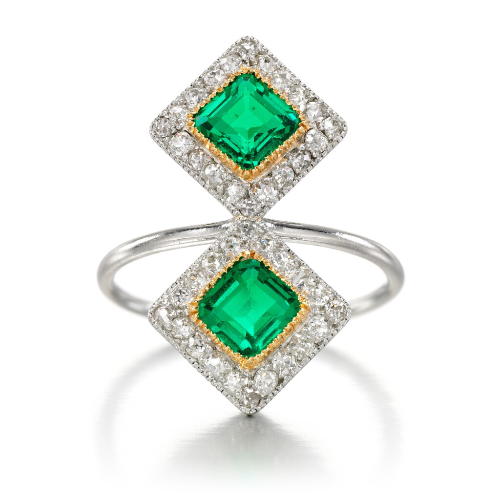 View full screen - View 1 of Lot 44. Emerald and diamond ring, circa 1910.