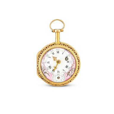 View full screen - View 1 of Lot 4012. RILLIET | A PINK GOLD DOUBLE DIALLED KEYWOUND VERGE WATCH WITH DAY, DATE AND REGULATOR, CIRCA 1800.
