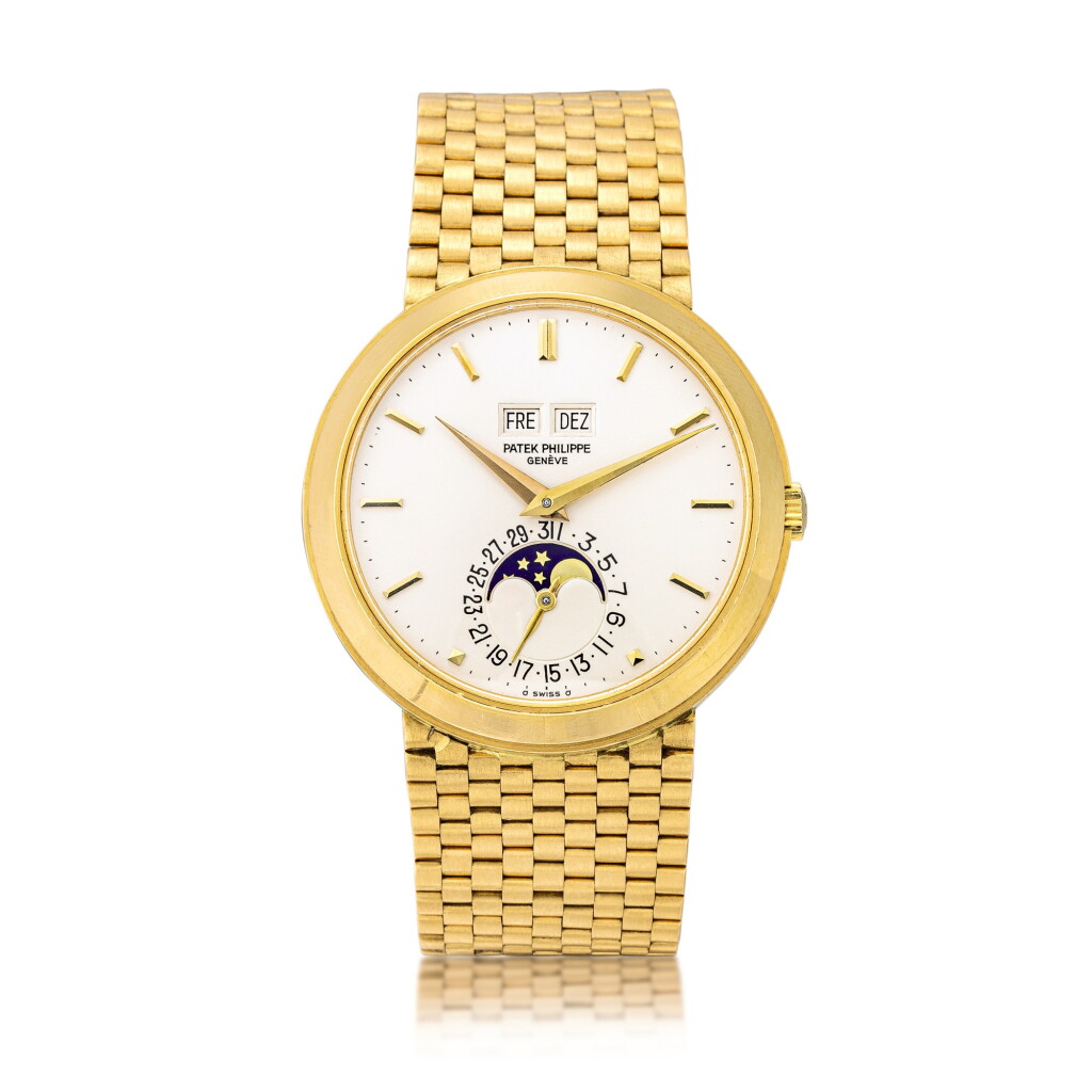 View full screen - View 1 of Lot 2283. Patek Philippe | Reference 3448, A possibly unique yellow gold perpetual calendar bracelet watch with moon phases, original Certificate of Origin and presentation box, Made in 1978 | 百達翡麗 | 型號3448 獨特黃金萬年曆鏈帶腕錶,備月相顯示,附帶原廠證書及盒子,1978年製.