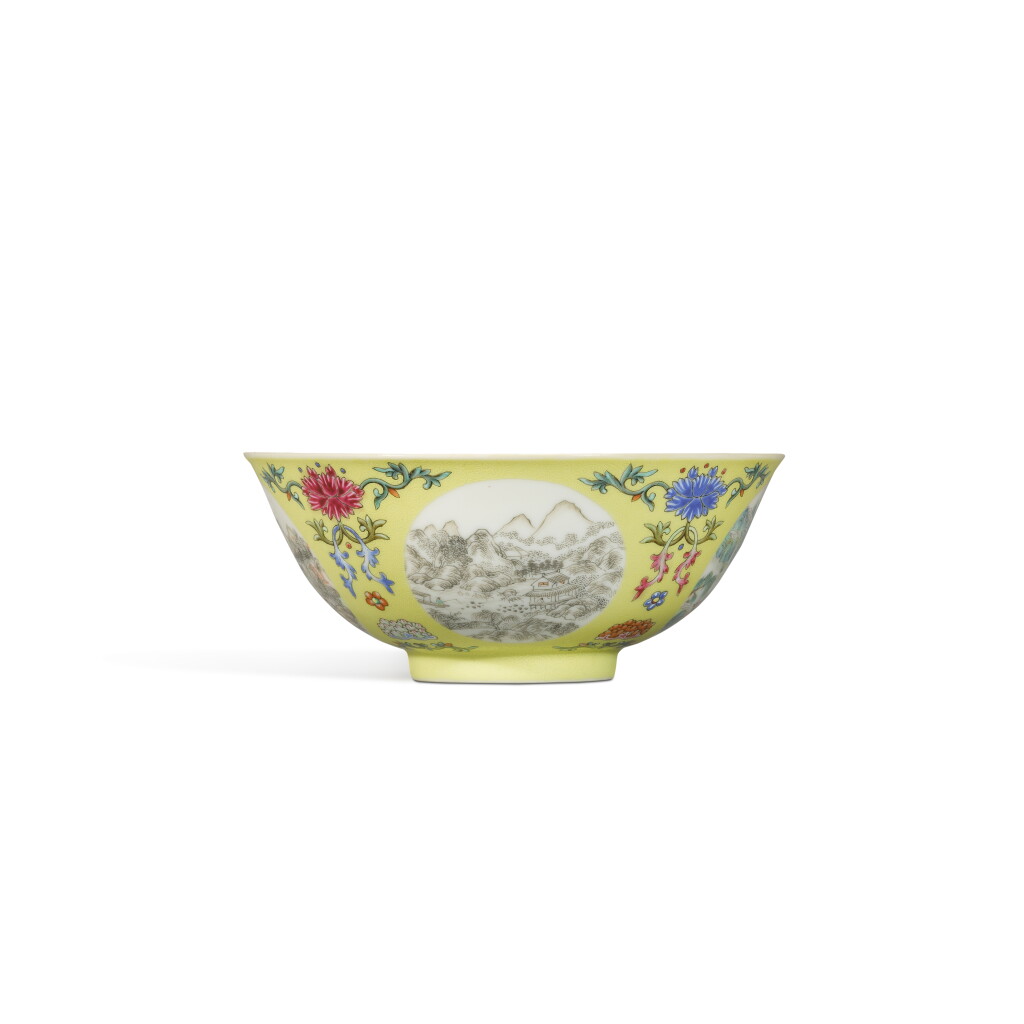 View full screen - View 1 of Lot 266. A fine yellow-ground famille-rose sgraffiato 'landscape' bowl, Seal mark and period of Daoguang.