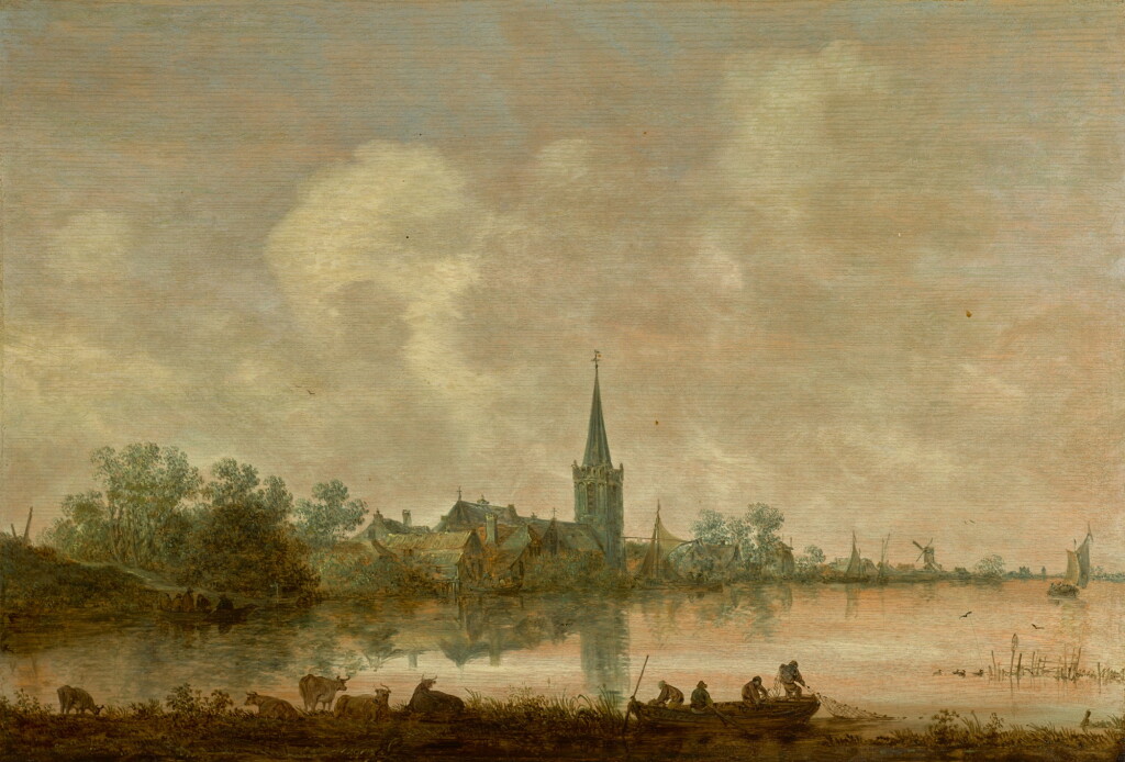 View full screen - View 1 of Lot 132. JAN JOSEFSZ. VAN GOYEN | RIVER LANDSCAPE WITH A VILLAGE AT THE WATER'S EDGE, CATTLE AND FIGURES IN THE FOREGROUND .