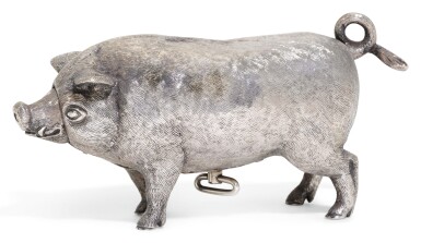 View full screen - View 1 of Lot 76. AN EDWARDIAN SILVER MECHANICAL PIG TABLE BELL, WILLIAM HORNBY, LONDON, 1909, RETAILED BY ASPREY.
