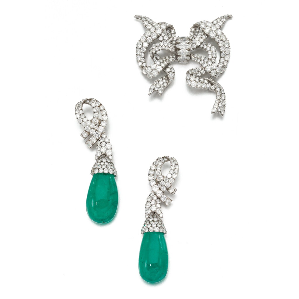View full screen - View 1 of Lot 336. EMERALD AND DIAMOND DEMI-PARURE.