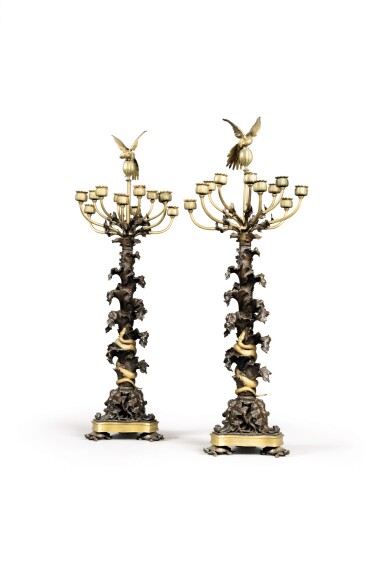 View full screen - View 1 of Lot 230. A PAIR OF LOUIS-PHILIPPE PATINATED AND GILT-BRONZE CANDELABRA BY ANTOINE-LOUIS BARYE, CIRCA 1845 | PAIRE DE CANDÉLABRES EN BRONZE PATINÉ ET DORÉ D'ÉPOQUE LOUIS-PHILIPPE, VERS 1845, PAR ANTOINE-LOUIS BARYE.