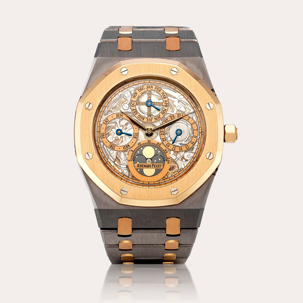 View full screen - View 1 of Lot 2136. Royal Oak Quantième Perpétuel, Reference 25829TR.OO.0944TR.01 A limited edition tantalum and pink gold skeletonised perpetual calendar bracelet watch with moon phases and leap year indication, Circa 1997 | 愛彼 | ROYAL OAK QUANTIÈME PERPÉTUEL 型號25829TR.OO.0944TR.01 | 限量版鉭金屬及粉紅金鏤空萬年曆鏈帶腕錶,備月相及閏年顯示,約1997年製.