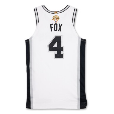 View full screen - View 1 of Lot 6. De’Aaron Fox San Antonio Spurs 2026 NBA Finals Game Worn Association Edition Jersey | Game 2.