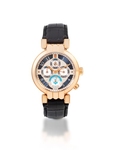 View full screen - View 1 of Lot 78. Ref. 200-MAWPC38 Montre bracelet édition limitée en or rose avec quantième perpetuel, année bissextile, phases de lune et second fuseau | Limited edition pink gold perpetual calendar wristwatch with leap-year and dual timezone indication Vers 2010 | Circa 2010.