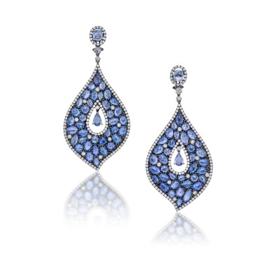 View full screen - View 1 of Lot 114. Pair of Sapphire and Diamond Pendant-Earclips.