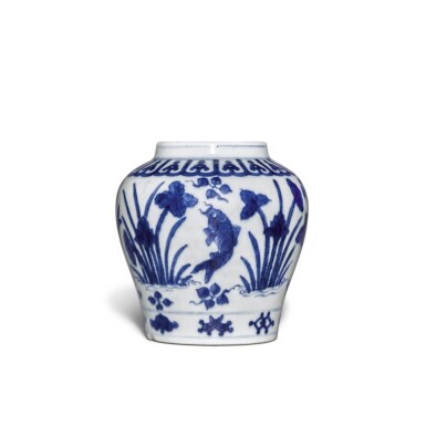 View full screen - View 1 of Lot 68. A blue and white 'fish' jar, Mark and period of Jiajing | 明嘉靖 青花荷塘魚藻紋罐 《大明嘉靖年製》款.