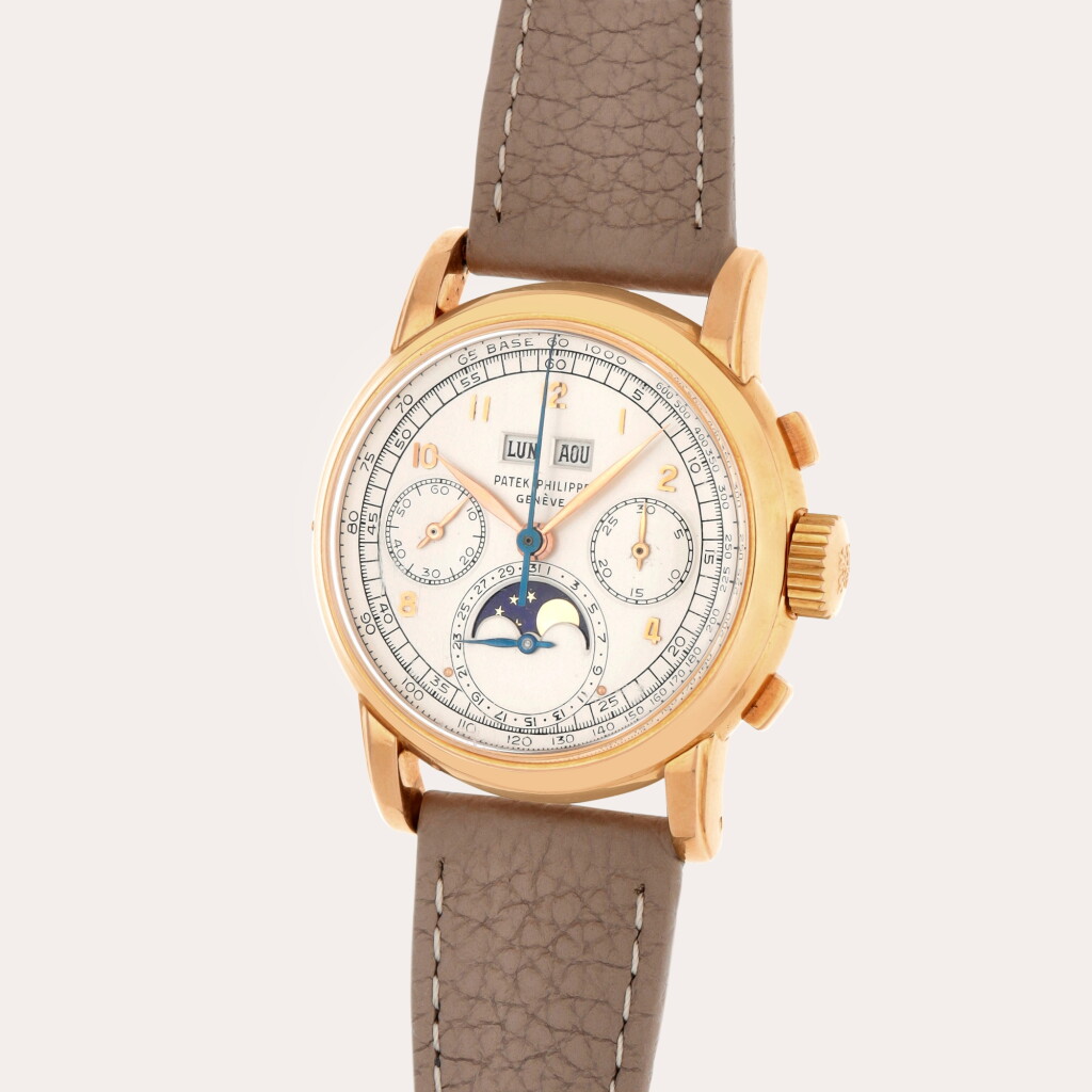 View full screen - View 1 of Lot 16. 'First Series', Reference 2499 | A pink gold perpetual calendar chronograph wristwatch with moon phases and case by Wenger | Made in 1950.