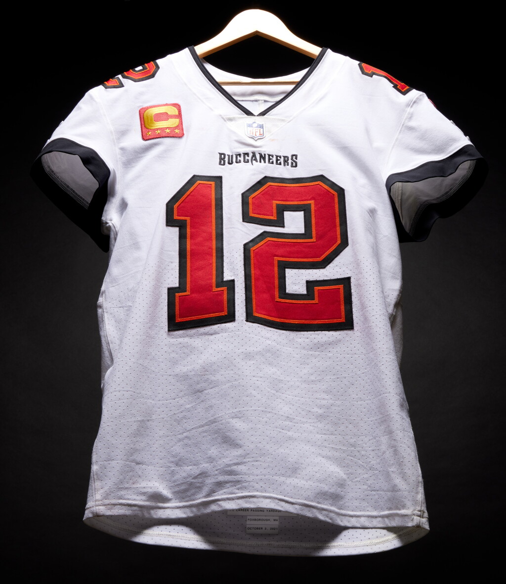 View full screen - View 1 of Lot 32. Tom Brady NFL All-Time Passing Yards Record Breaking Tampa Bay Buccaneers Game Worn Away Jersey | ‘80,560 Yards’ | Worn in Brady’s Historic Return to New England.