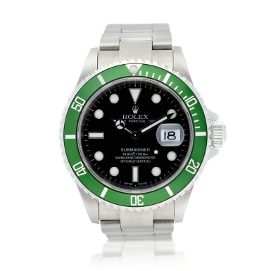 View full screen - View 1 of Lot 28. Reference 16610 Submariner 'Kermit Flat 4' A stainless steel automatic wristwatch with date and bracelet, Circa 2003.