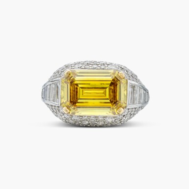 View full screen - View 1 of Lot 49. Fancy Deep Yellow Diamond and Diamond Ring 寳格麗 | 5.08克拉 深彩黃色鑽石 配 鑽石 戒指.