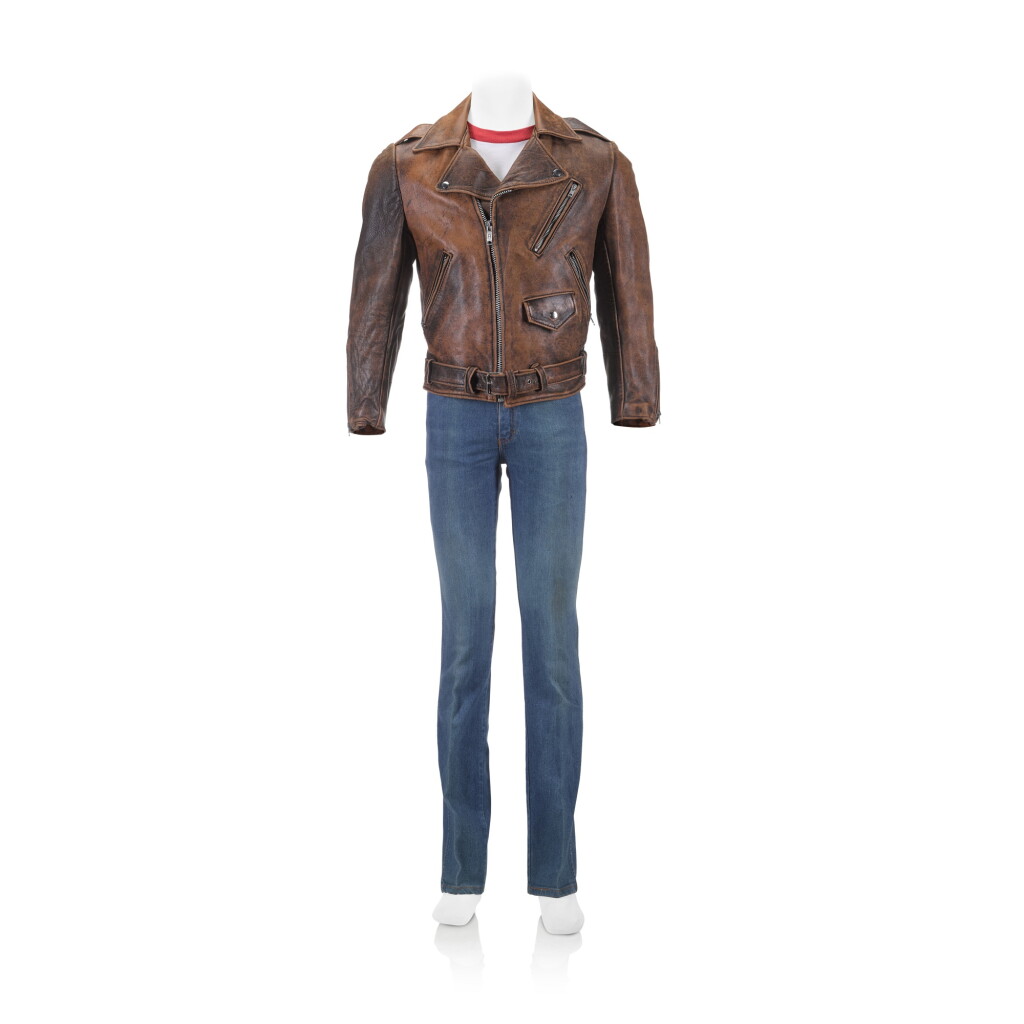View full screen - View 1 of Lot 226. Freddie Mercury's brown leather biker jacket, with T-shirt and jeans, 1980s.