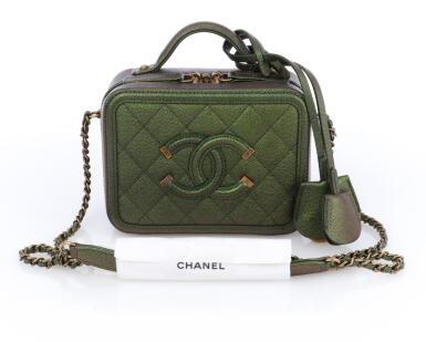 View full screen - View 1 of Lot 109. Green Iridescent Caviar Leather Mini Filigree Vanity Aged Gold Hardware, 2019 (Borsa Mini Vanity Caviale verde Irridescente, 2019) .