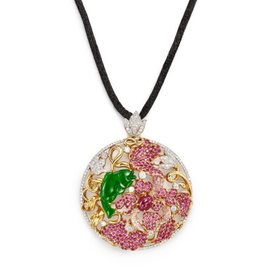 View full screen - View 1 of Lot 2842. Jadeite, Gem-Set and Diamond Pendent Necklace / Brooch | 天然翡翠 配 寶石 及 鑽石 項鏈 / 胸針.