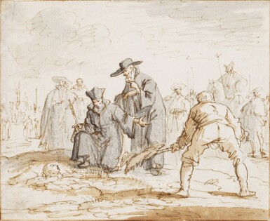 View full screen - View 1 of Lot 171. Six studies for The Martyrs' Mirror: A) The Torture of Geleijn the shoemaker, 1572 B) The Martyrdom of Anneken Heyndricks, 1571 C) The Burial alive of Anneke van den Hove, Brussels, 1597 D) Adriaen Wens at the place of execution of his mother E) 180 people burned under the name of Albigois as heretics, 1210 F) Pieter Pietersz. Bekjen being led to the stake.