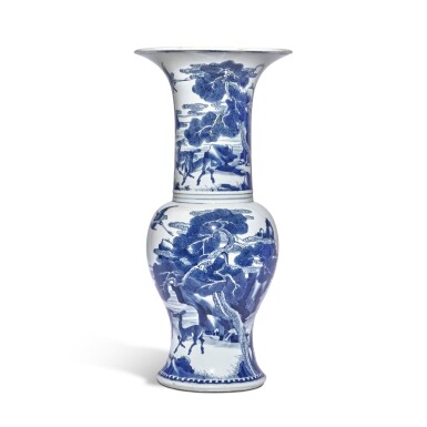 View full screen - View 1 of Lot 253. A blue and white 'deer and crane' phoenix-tail vase, Qing dynasty, Kangxi period.