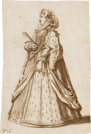 View full screen - View 1 of Lot 1918. A woman in profile to the left holding a fan.