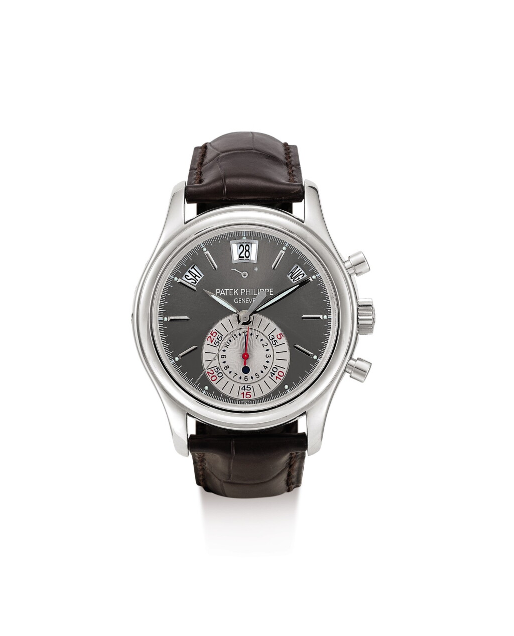 View full screen - View 1 of Lot 30. PATEK PHILIPPE | REFERENCE 5960, A BRAND NEW PLATINUM ANNUAL CALENDAR FLYBACK CHRONOGRAPH WRISTWATCH WITH POWER RESERVE AND DAY AND NIGHT INDICATION, CIRCA 2007.