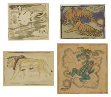 View full screen - View 1 of Lot 65. ELSIE MARIAN HENDERSON | FOUR WATERCOLORS, INCLUDING TIGERS, A LION, FROGS AND SWANS.