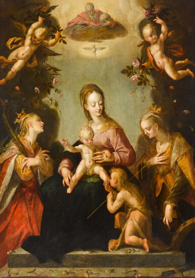 View full screen - View 1 of Lot 46. Madonna and Child with the infant Saint John the Baptist, Saint Catherine of Alexandria, another female martyr saint, and God the Father.